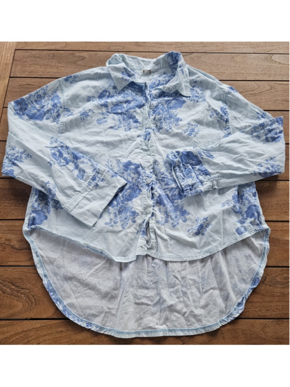 Free People Intimately Pillow Talk Floral PJ Button Down Shirt High Low Blue